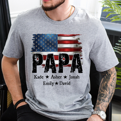 Personalized Papa Shirt Custom Kids Names Patriotic USA Flag, Custom Family Nickname for Dad Grandpa Birthday Father's Day Gift