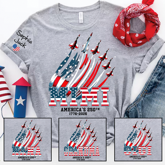 Personalized Mimi America’s 250th Anniversary Shirt, Custom Grandma Nana Gigi Patriotic T Shirt, USA Flag 4th of July Family Apparel