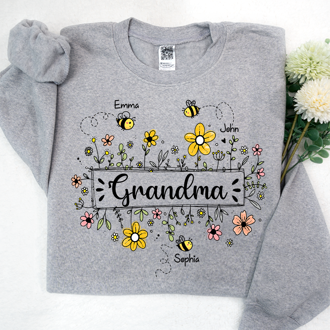Personalized Grandma Bee Flower And Grandkids Sweatshirt