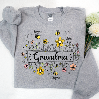 Personalized Grandma Bee Flower And Grandkids Sweatshirt