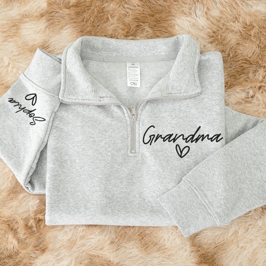 Custom Embroidered Grandma heart Sweatshirt And Grandkids Quarter Zip Sweater