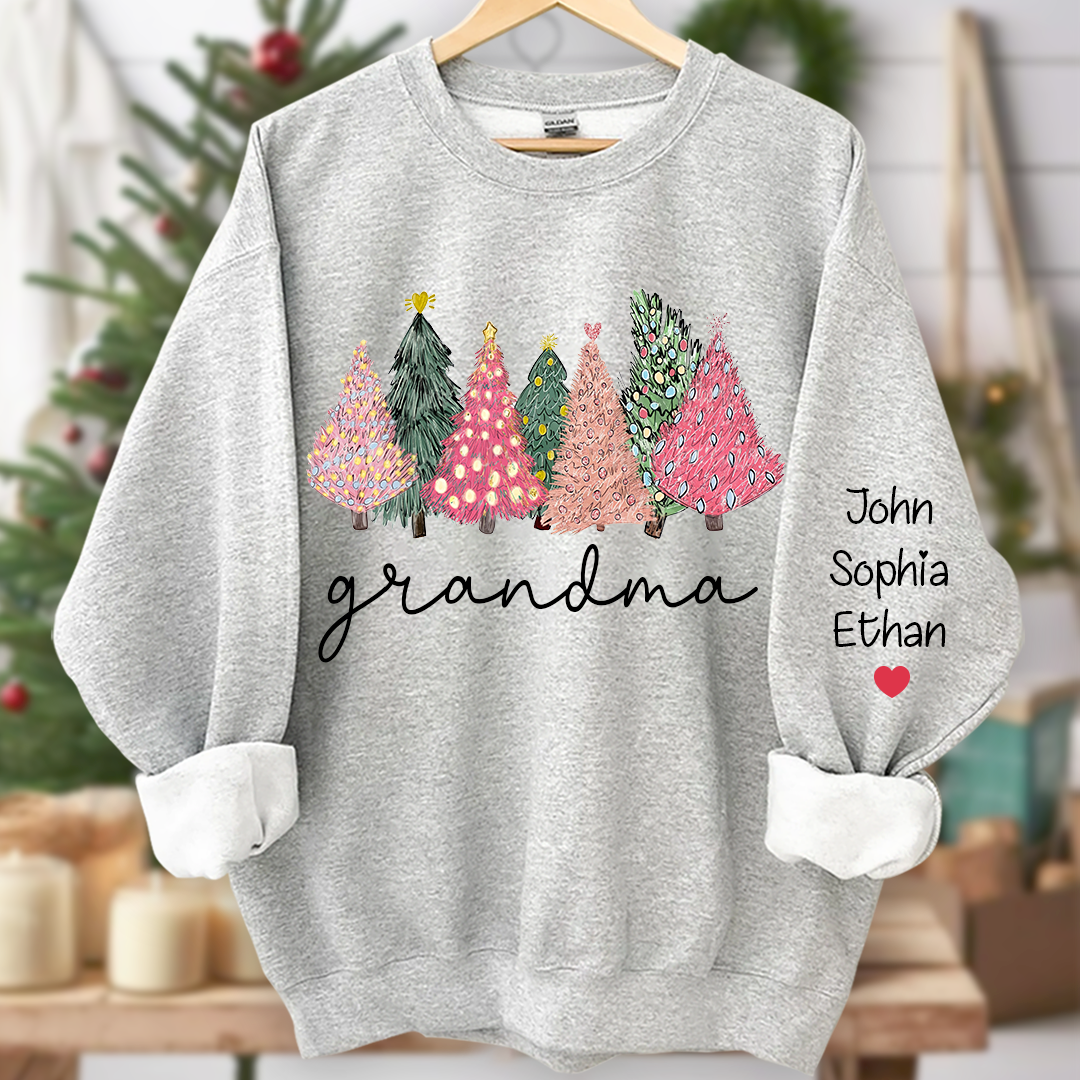 Grandma Christmas trees lights snow pink green cozy winter And Grandkids Names  Sweatshirt