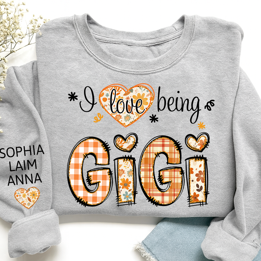 I love being Gigi fall and Grandkids Name Design Sweatshirt