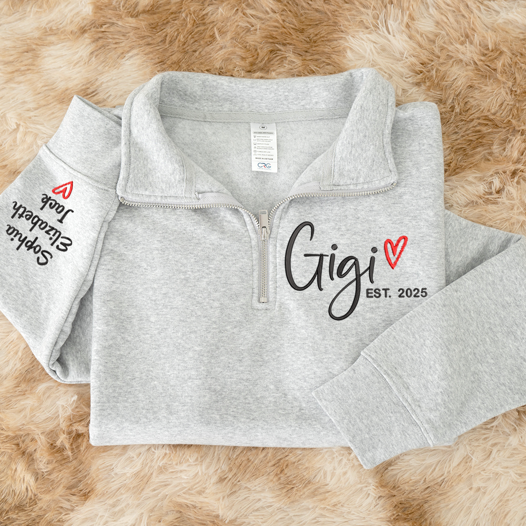 Custom Gigi Heart Est Sweatshirt, Personalized Gigi And Grandkids Embroidered Quarter Zip Sweater