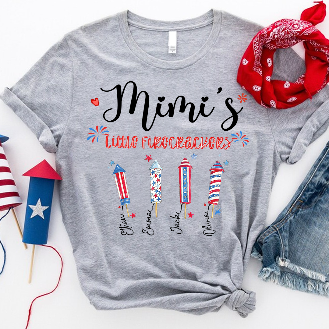 Personalized Mimi's Little Firecrackers T-shirt with Patriotic Fireworks Design, Grandma Gigi Mama Mimi Shirt for 4th of July, Patriotic Gift for Mother's Day