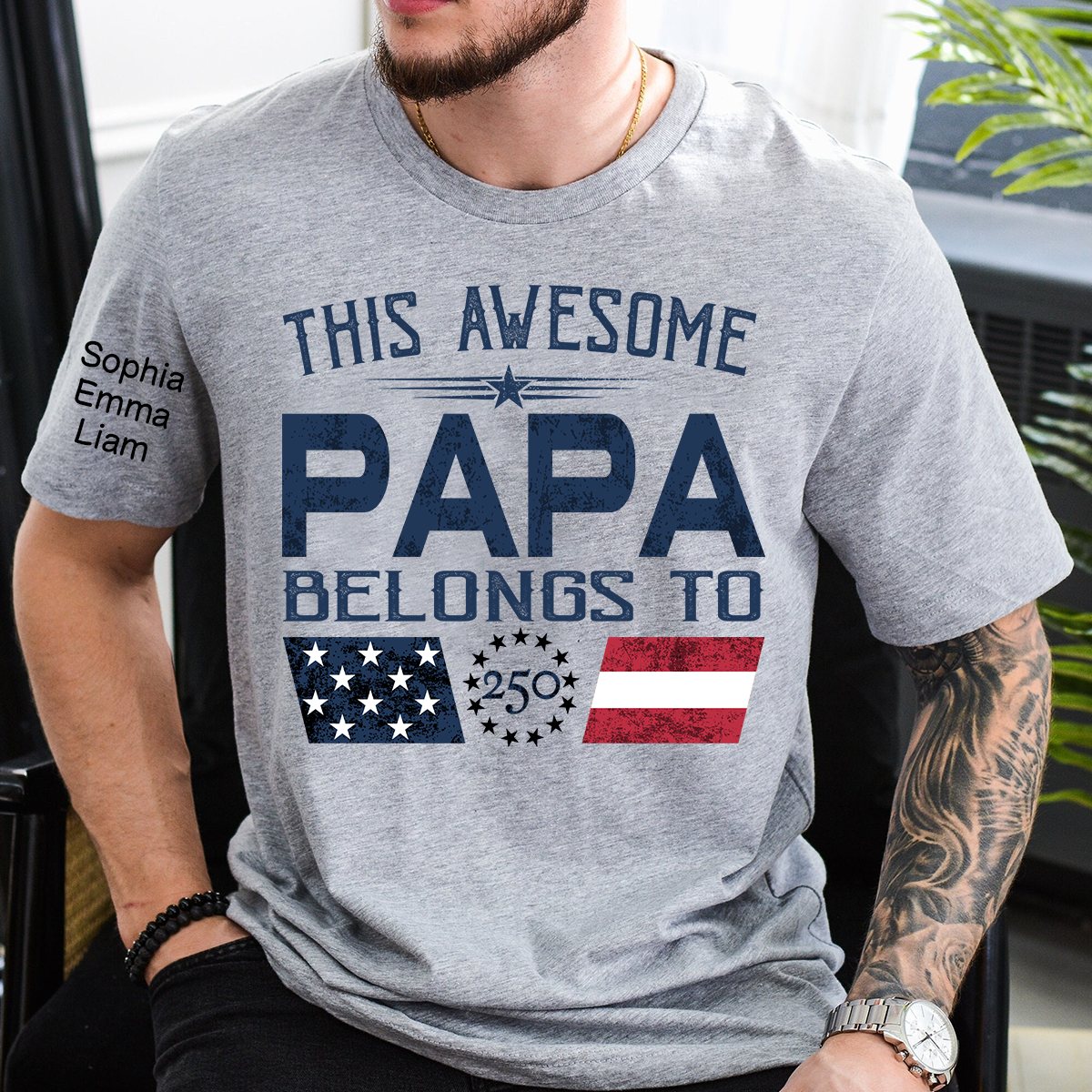This Awesome Papa Belongs To Shirt, Personalized Patriotic Grandpa T-Shirt with Kids Names, U.S. 250th Anniversary Independence Day Gift