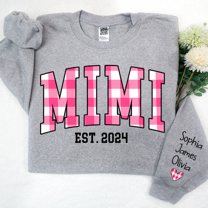 Custom Nickname Mimi Buffalo Plaid Pink And GrandKids Names Christmas 2024 Sweatshirt