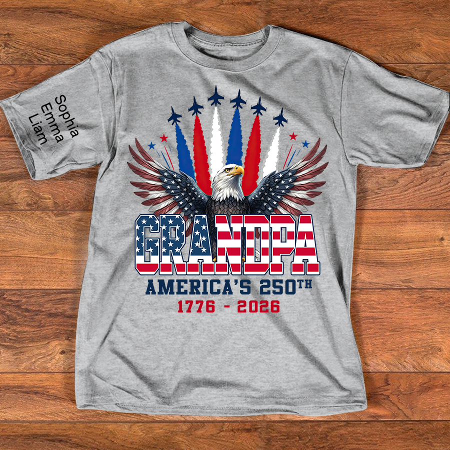 Personalized Grandpa America's 250th Anniversary Shirt Custom Kids Names on Sleeve, Patriotic Eagle Independence Day Shirt, U.S. 250th Anniversary Apparel