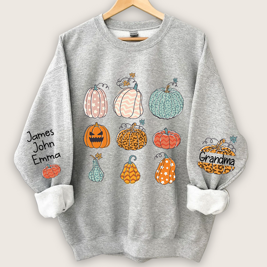 Personalized Grandma Pumpkin Varieties And Grandkids Names Sweatshirt