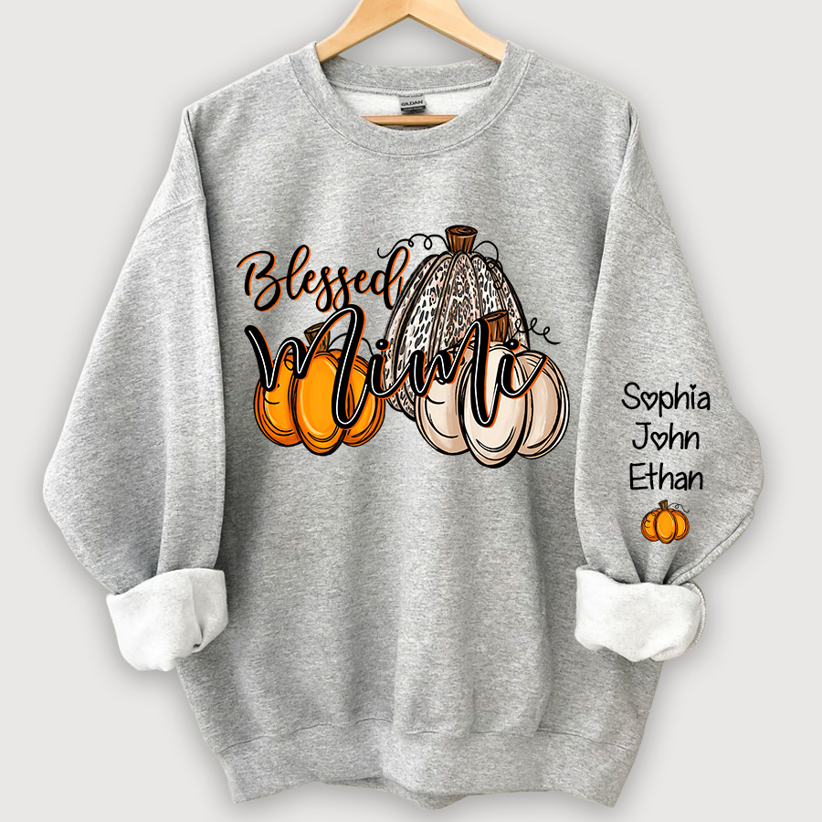 Blessed Mimi With Grandkids Names Thankful Fall Pumpkin Patch Sweatshirt