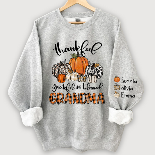 Personalized Thankful Grateful Blessed Grandma And Grandkids Autumn Sweatshirt