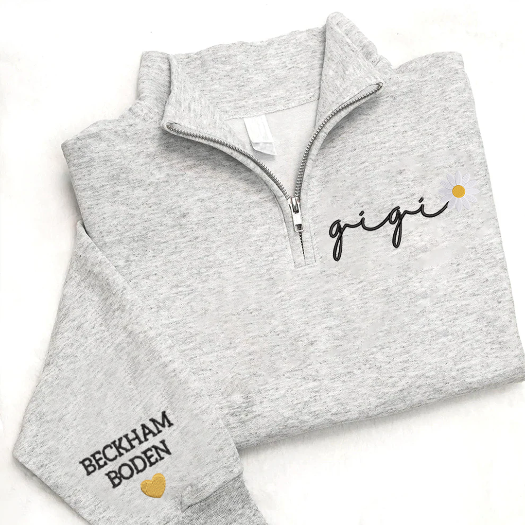 Custom Embroidered Gigi daisy flower Sweatshirt And Grandkids Quarter Zip Sweater