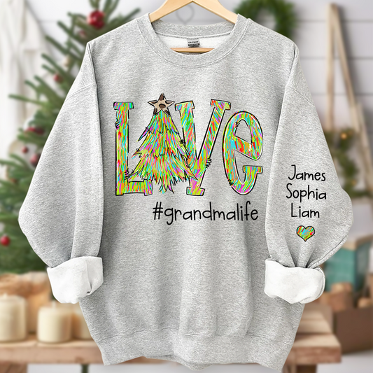 Love Tree Color Leopard Print Merry Christmas Grandmalife and Grandkids on sleeve Sweatshirt