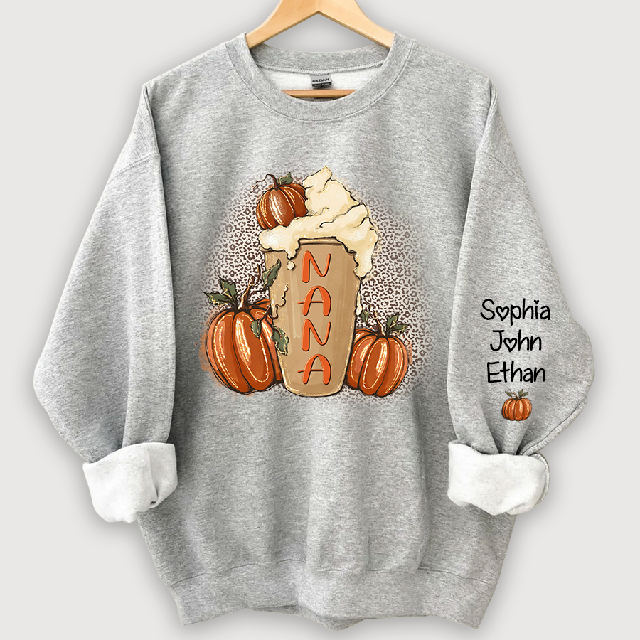 Personalized Nana Latte With Pumpkin Grandkids Fall Latte Coffie Sweatshirt