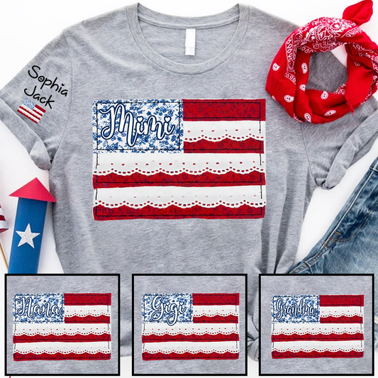 Personalized Mimi Patchwork USA Flag Shirt with Lace Details, Custom Family Name, 4th of July Independence Day T-shirt