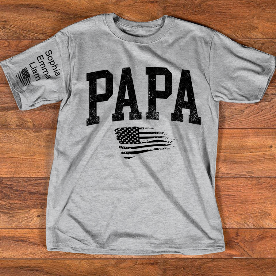 Personalized Papa Shirt with Grandkids Names, Patriotic Flag Custom Sleeve Tee, Fathers Day Birthday Gift for Grandpa