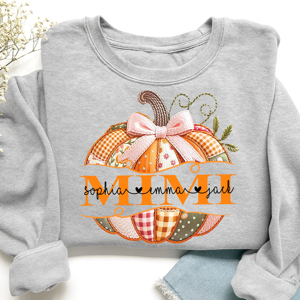 Mimi Pumpkin with Grandkids Name Design – Fall Gift for Grandma Sweatshirt