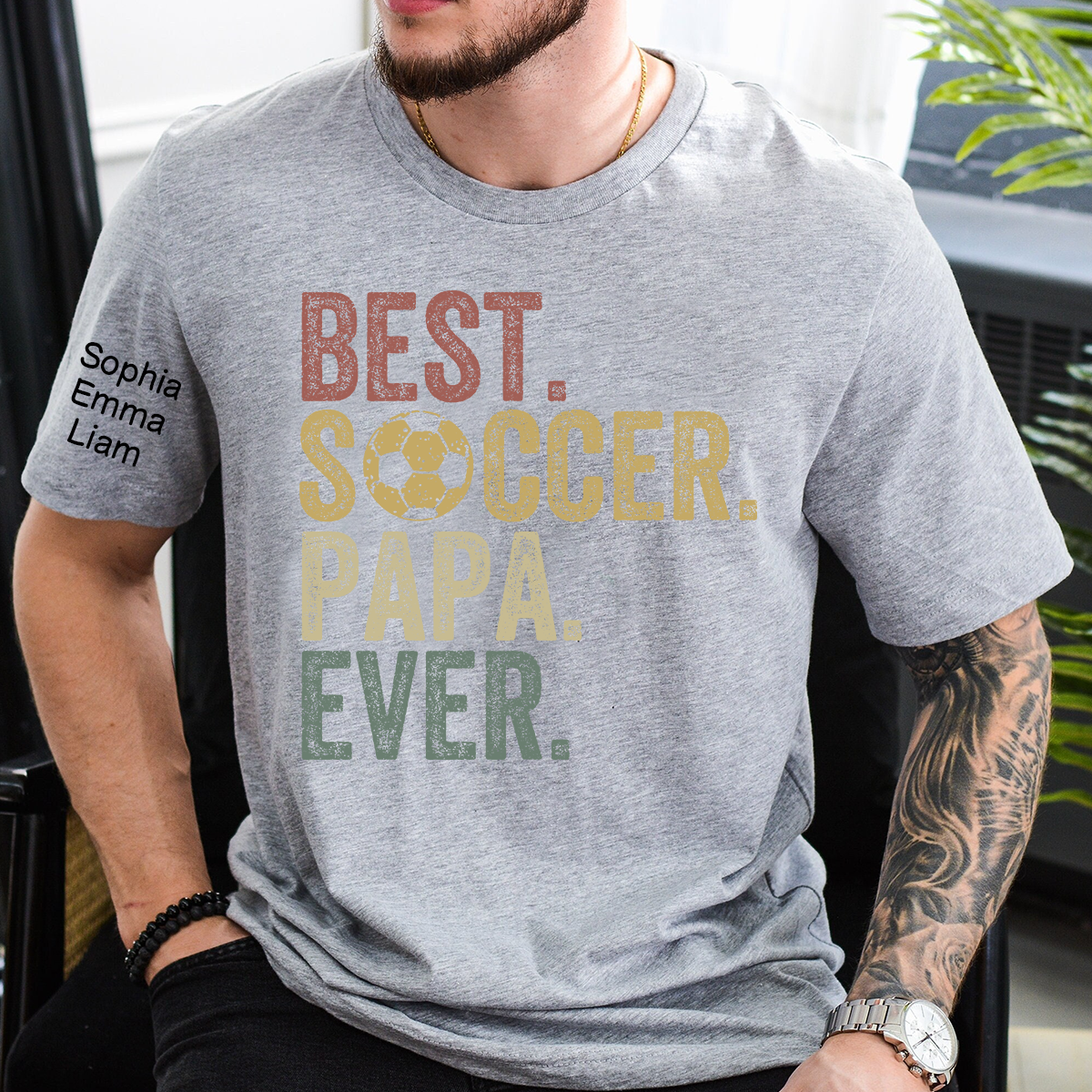 Personalized Best Soccer Papa Ever Shirt, Custom Kids Names Sleeve, Soccer Dad Grandpa Shirt for Father’s Day Birthday