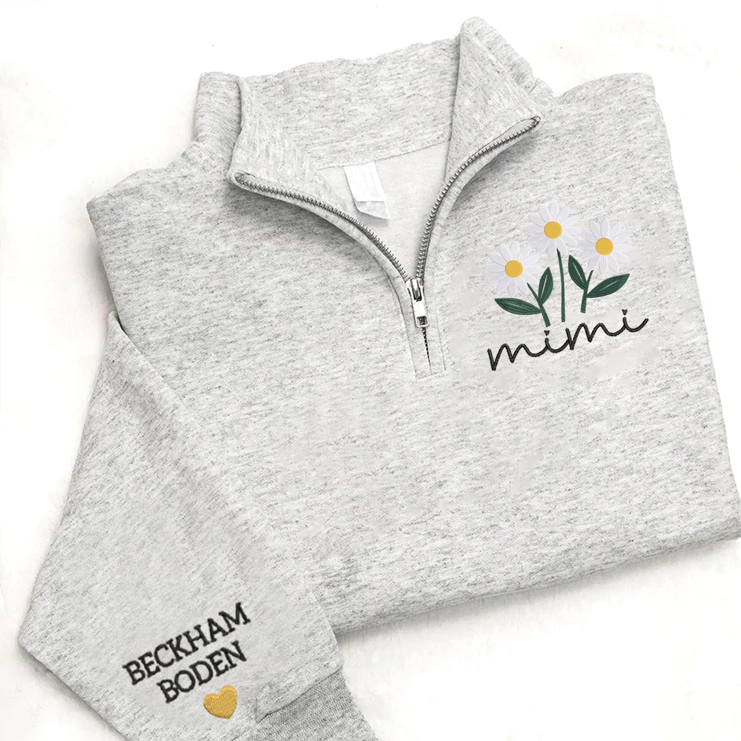 Embroidered Mimi daisy flower Sweatshirt And Grandkids Quarter Zip Sweater