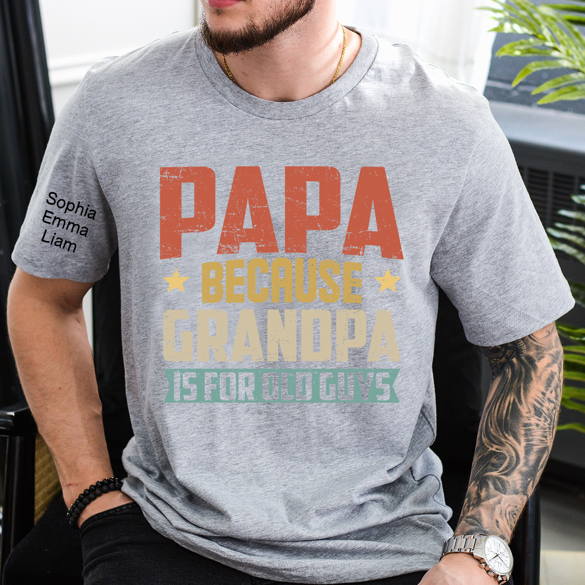 Personalized Papa Because Grandpa is For Old Guys T-Shirt – Custom Family Shirt with Kids' Names, Perfect for Father's Day, Birthday