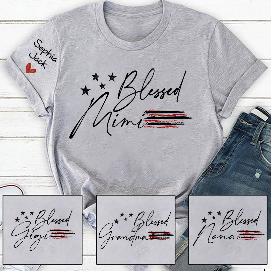 Personalized Blessed Mimi Flag American T-shirt, Custom Family Nickname Shirt with USA Flag Design for 4th of July, Perfect for Nana, Gigi, Grandma