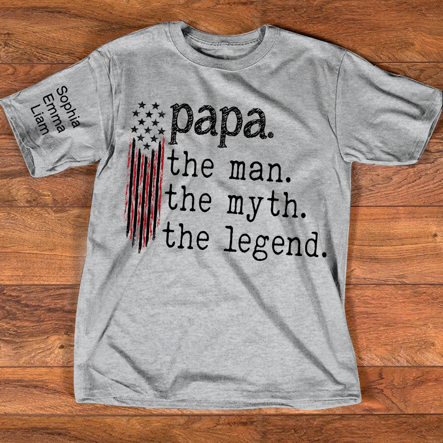 Personalized Papa The Man The Myth The Legend American Flag Shirt with Kids Names, Custom Family Nickname T-Shirt for Dad Fathers Day Gift