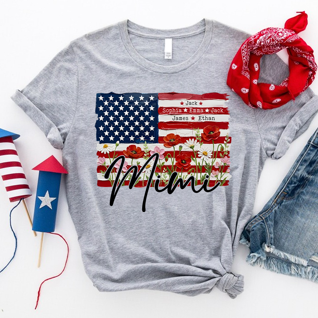 Personalized Patriotic USA Flag Floral Mimi T-shirt, Custom Family Names T Shirt, Perfect for Nana, Gigi, Grandma