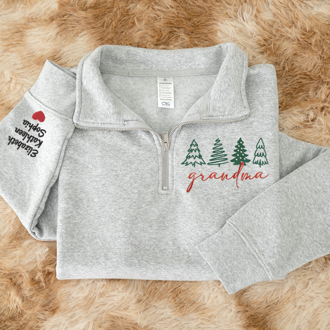 Grandma Tree Merry Christmas Sweatshirt, Grandma And Grandkids Embroidered Quarter Zip Sweater
