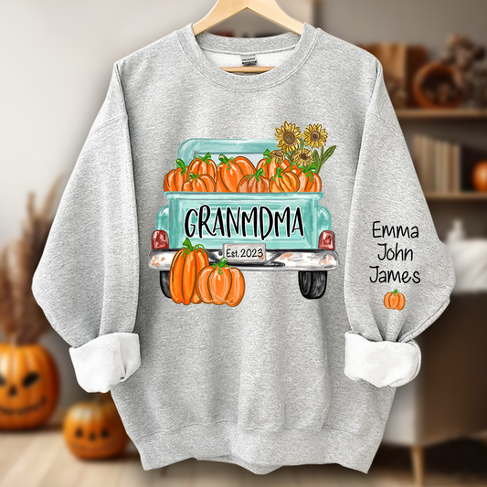 Grandma Truck with Pumpkins Flower Autumn And Grandkids Sweatshirt