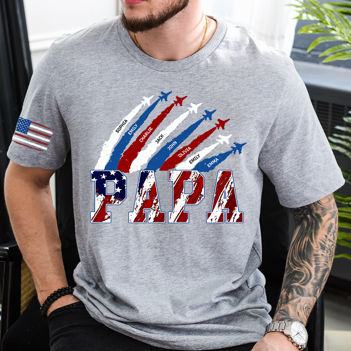 Personalized Papa Airplane Shirt, Custom Kids Names Patriotic T Shirt for Papa, 4th of July American Flag Family Gift