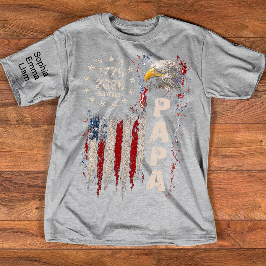 Personalized Papa Patriotic American Flag Shirt with Kids Names on Sleeve, Custom Grandpa Shirt, U.S. 250th Anniversary 250 Years of Freedom, Fathers Day Family Gift