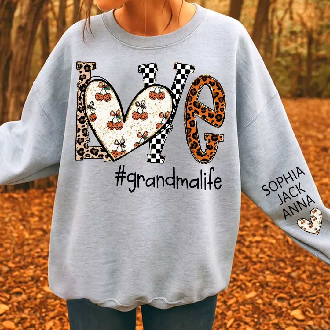 Love grandmalife Pumpkin Leopard Gift For Grandma And Grandkids Names on Sleeve Sweatshirt