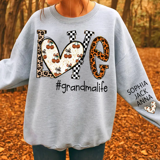 Love grandmalife Pumpkin Leopard Gift For Grandma And Grandkids Names on Sleeve Sweatshirt