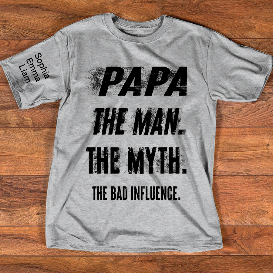 Personalized Papa Shirt with Kids Names, The Man Myth Bad Influence Grandpa Tee, Fathers Day Birthday Christmas Gift