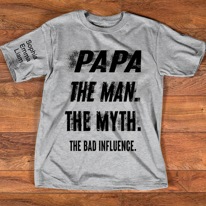 Personalized Papa Shirt with Kids Names, The Man Myth Bad Influence Grandpa Tee, Fathers Day Birthday Christmas Gift