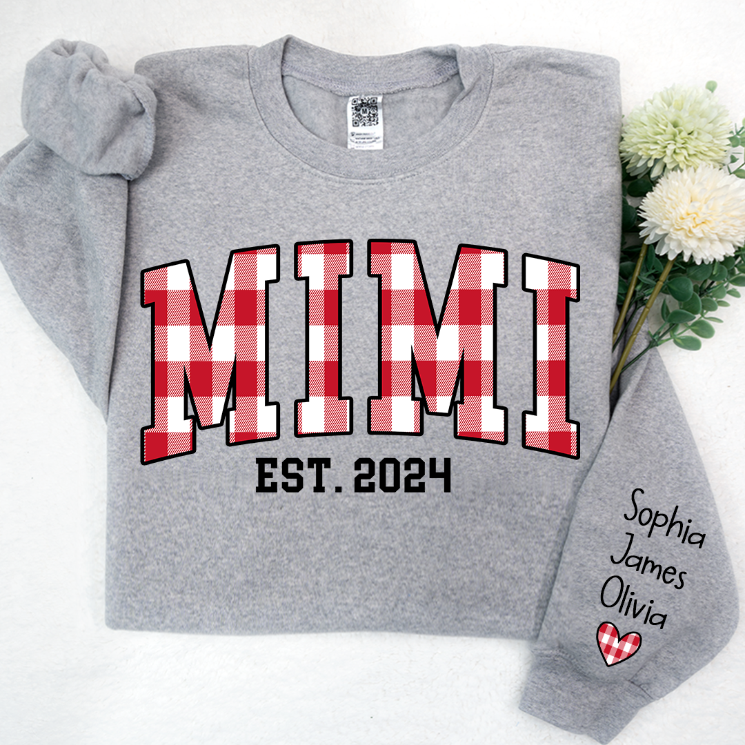 Personalized Nickname Mimi Buffalo Plaid And GrandKids Names Christmas 2024 Sweatshirt