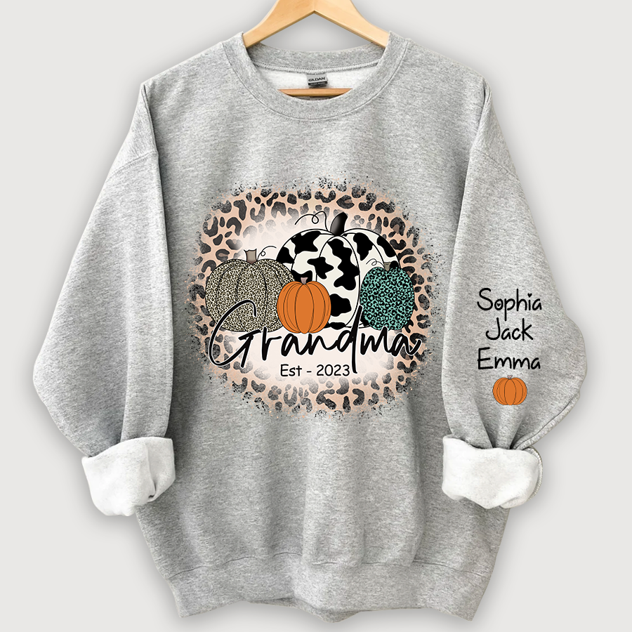 Happy Fall Leopard Pumpkin Grandma Est And Grandkids Autumn Sweatshirt