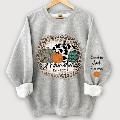 Happy Fall Leopard Pumpkin Grandma Est And Grandkids Autumn Sweatshirt