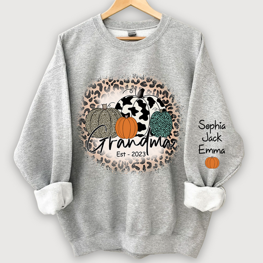 Happy Fall Leopard Pumpkin Grandma Est And Grandkids Autumn Sweatshirt