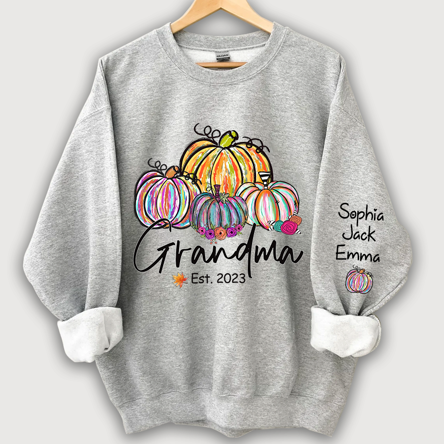 Personalized Grandma Est Painted Color Pumpkin And Grandkids Autumn Sweatshirt