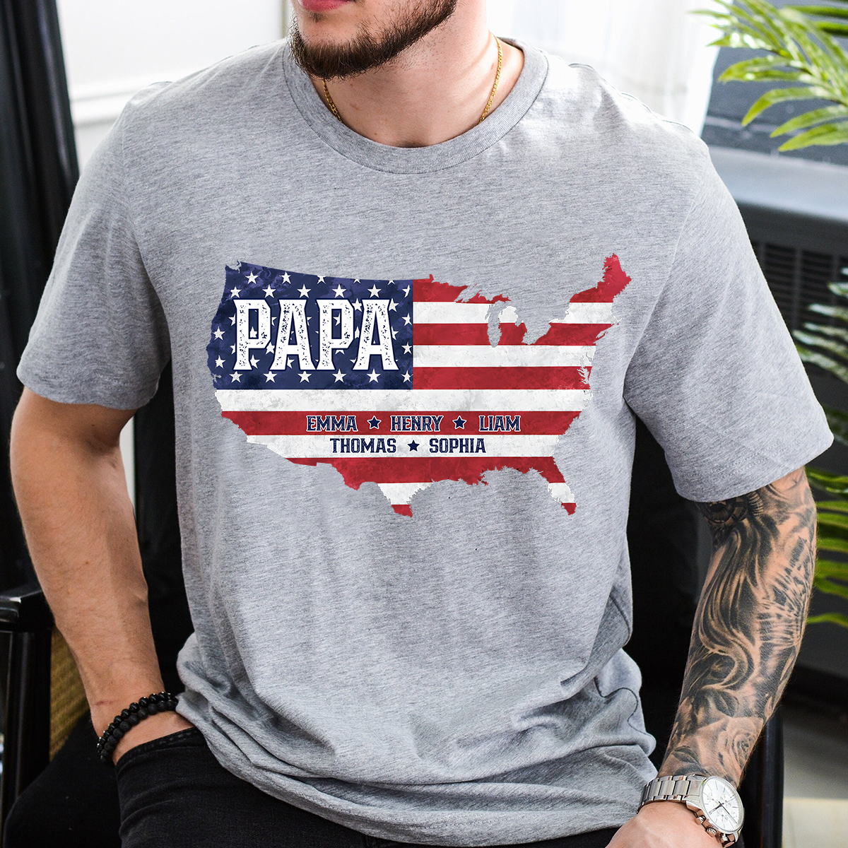 Personalized Papa American Flag Map Shirt Custom Kids Names, Patriotic Family Shirt for Dad Grandpa, Father's Day 4th of July