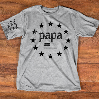 Personalized Papa American Flag Shirt with Kids Names on Sleeve, Custom Grandpa Patriotic Tee for Father’s Day, Gift for Papa Dad Grandfather