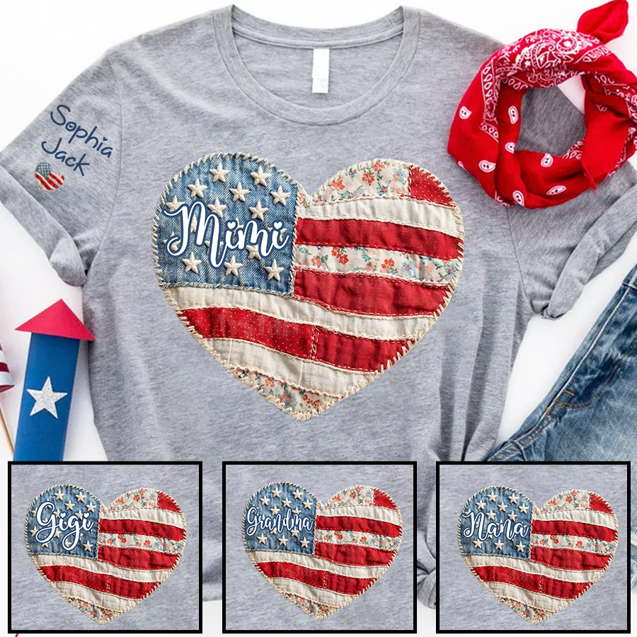 Personalized Patriotic Grandma Heart Shirt, Custom Mimi Nana Gigi Floral Flag Tee with Kids Names Sleeve, American Flag Patchwork 4th of July Gift for Grandma Mothers Day Birthday Shirt