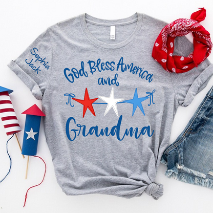 Personalized Custom God Bless America And Grandma T-shirt with Stars Design, Grandma Gigi Mama Mimi Shirt for 4th of July, Patriotic Gift for Mother's Day