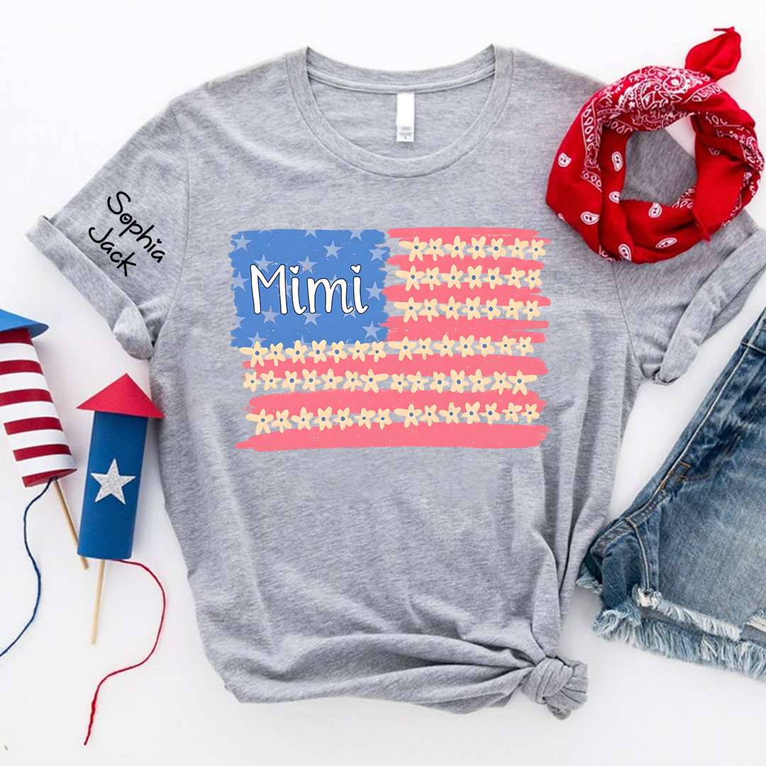 Personalized Mimi Flag Flower American T-shirt , Personalized Mimi Gigi Grandma Nana Shirt for 4th of July, Mother's Day, Birthday Gift, Custom Family Names