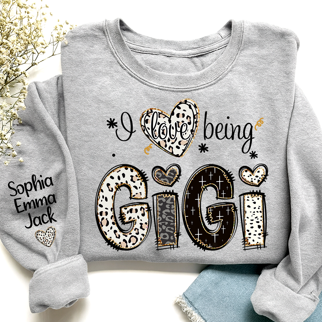 I love being Gigi Bible Style Gift For Grandma And Grandkids Names on Sleeve Sweatshirt