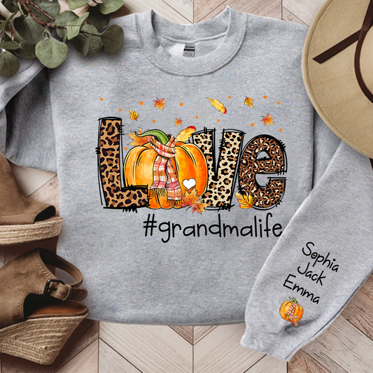 Love Grandma Life Leopard Fall Thanksgiving Halloween Leaves Cute Pumpkin Sweatshirt