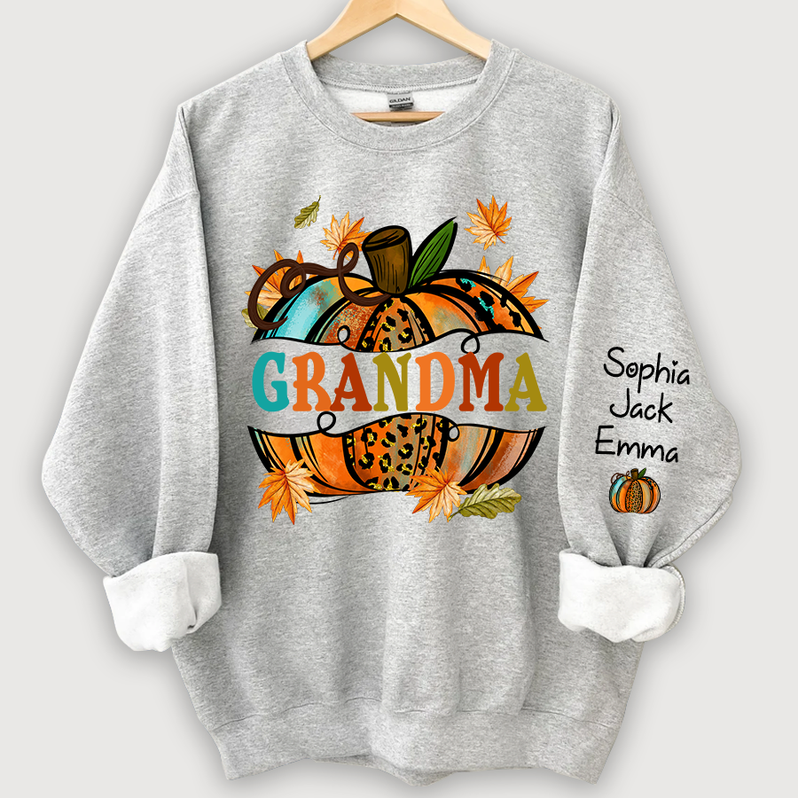 Personalized Grandma Autumn Pumpkin And Grandkids Fall Sweatshirt