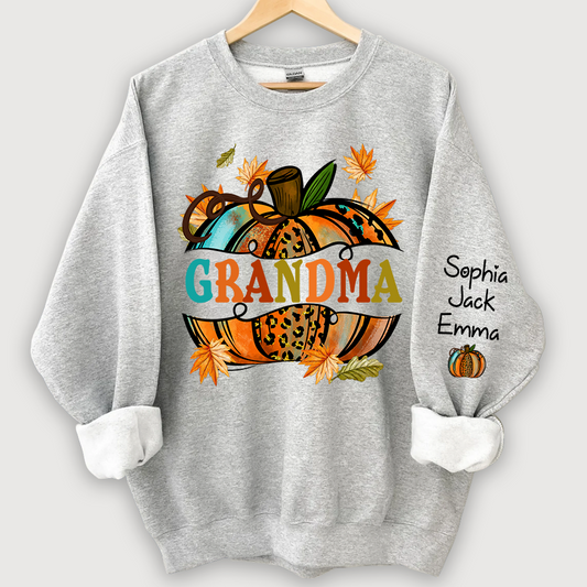 Personalized Grandma Autumn Pumpkin And Grandkids Fall Sweatshirt