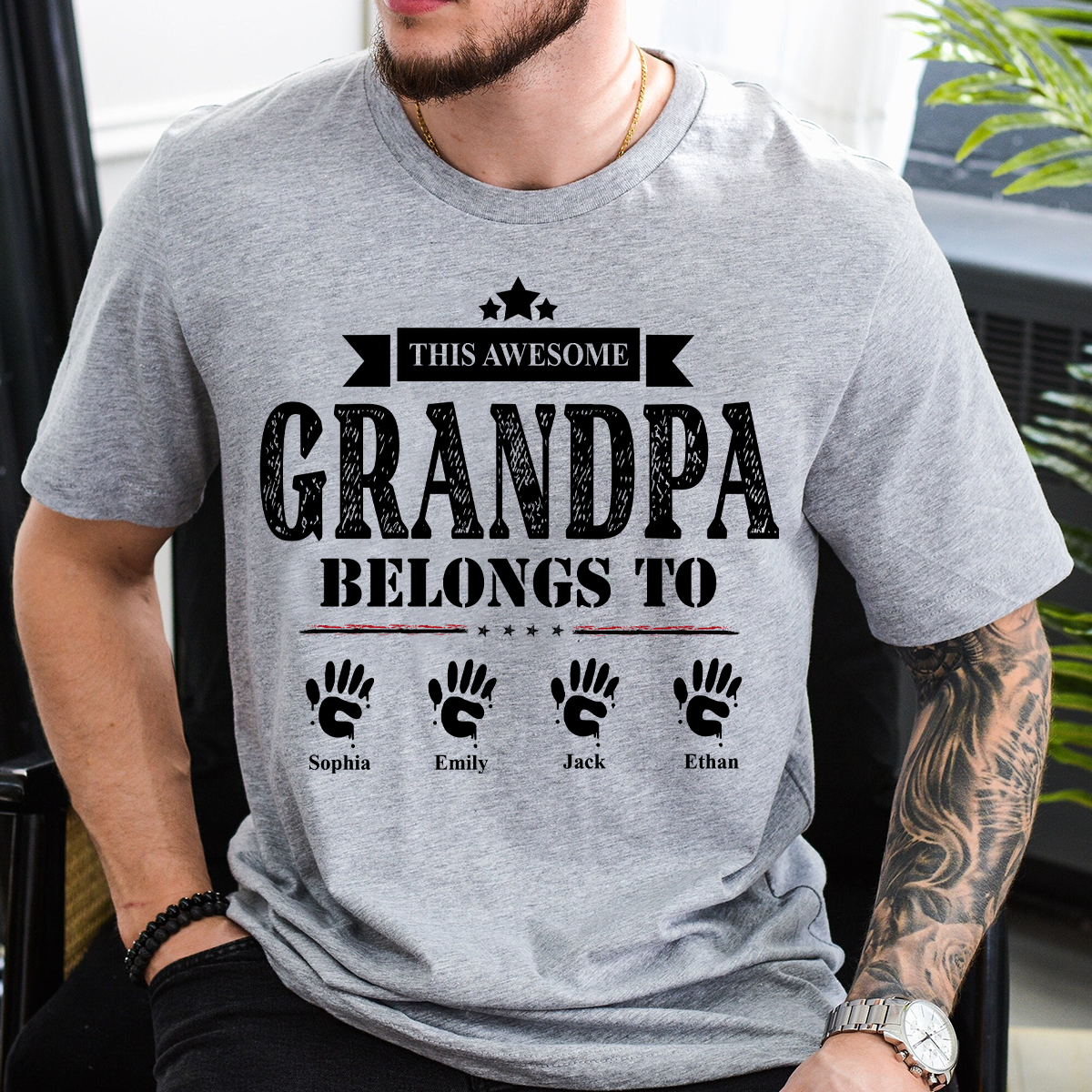 This Awesome Grandpa Belongs to Kids Shirt, Personalized Papa Tee with Kids Names, Patriotic Dad Shirt, Custom Grandpa Gift, 4th of July Family Shirt